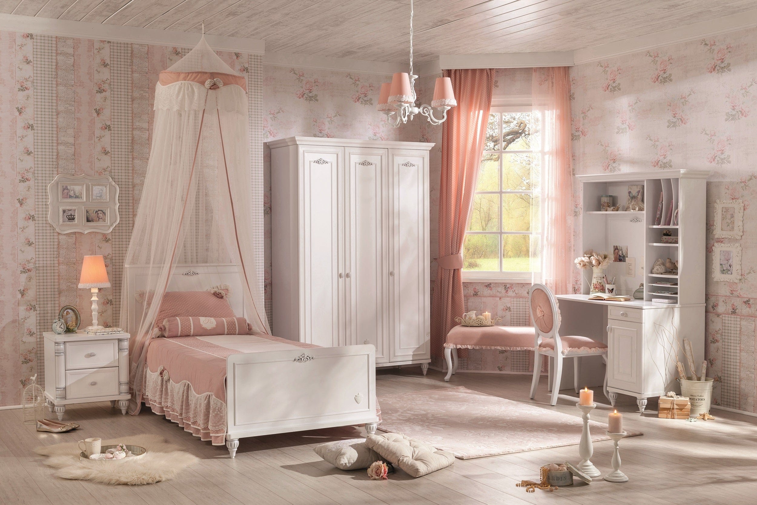 Armadio a 3 ante in legno per bambini e ragazzi, Romantica White, l132xL56xH200 cm (3)