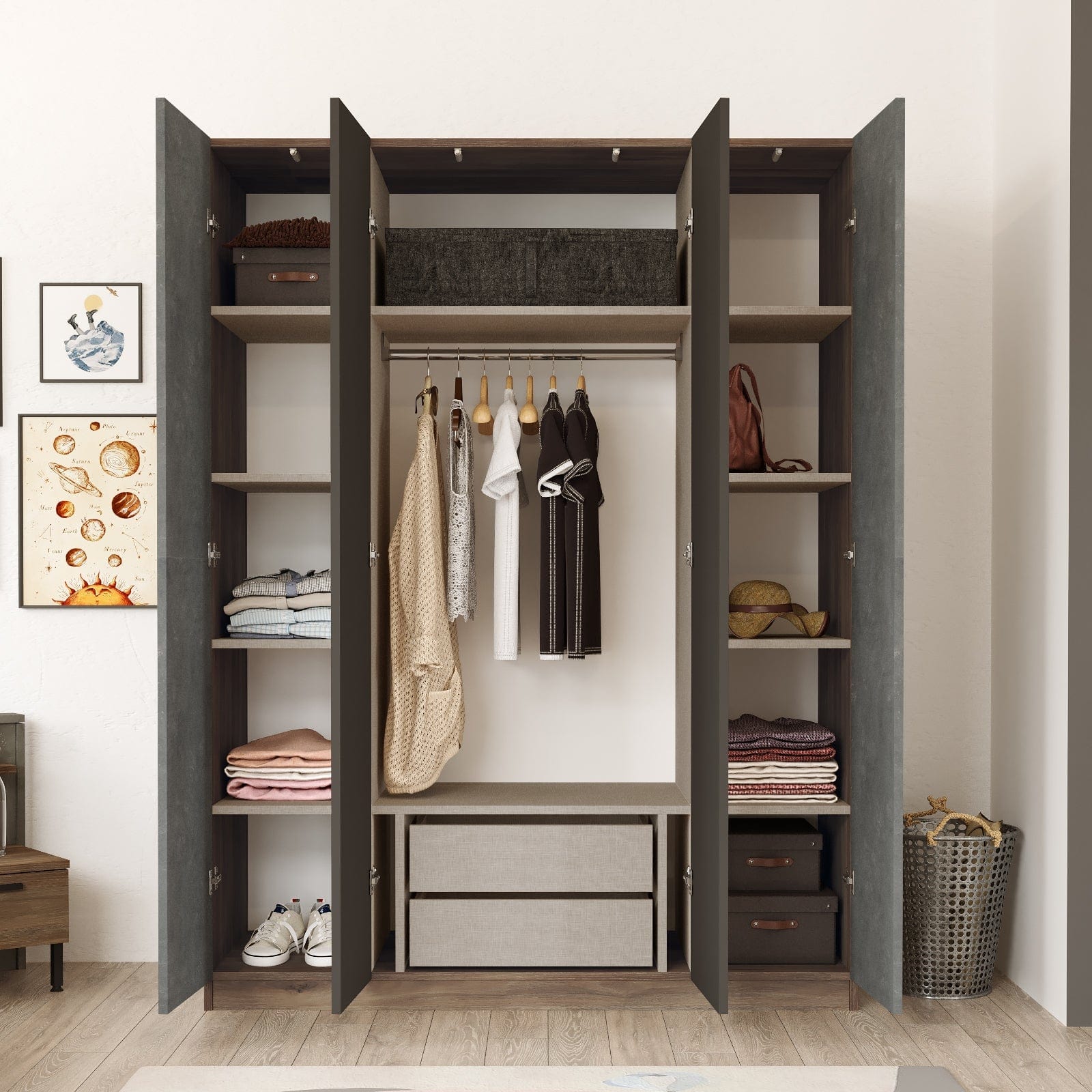 Armadio con 4 ante e specchio New Home Media HM2-CG Grigio (2)