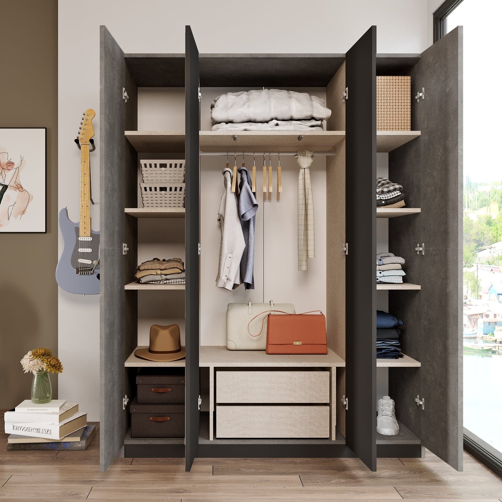 Armadio con 4 ante e specchio New Home Media HM2-RG Grigio (2)