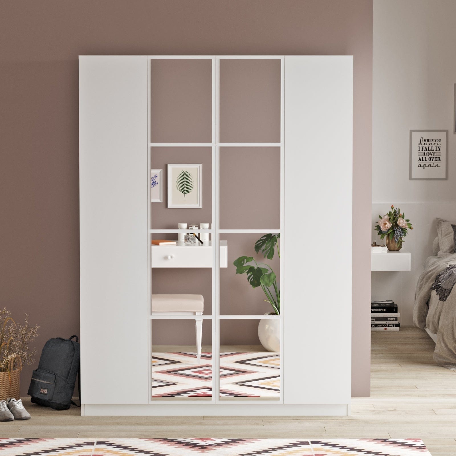 Armadio con 4 ante e specchio New Home Media HM2-W Bianco (3)