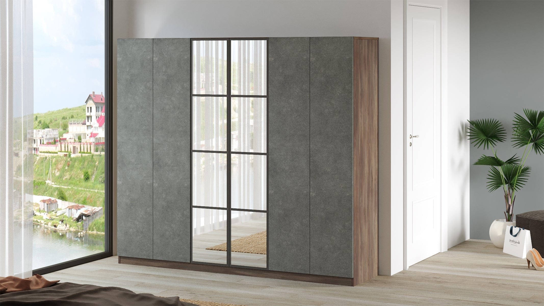 Armadio con 6 ante e specchio New Home Large HM3-CG Grigio (3)