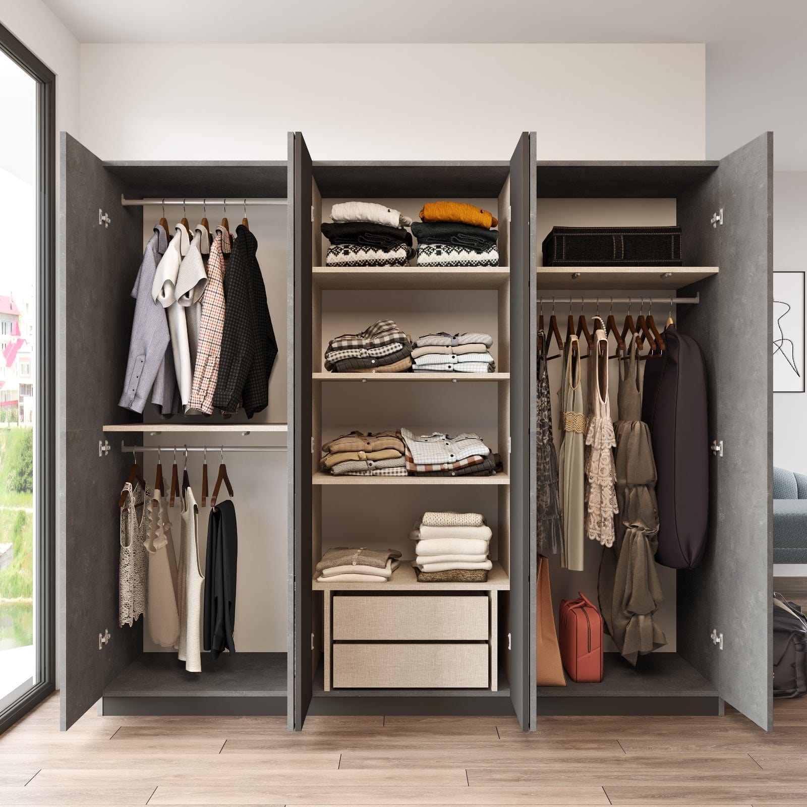 Armadio con 6 ante e specchio New Home Large HM3-RG Grigio (2)