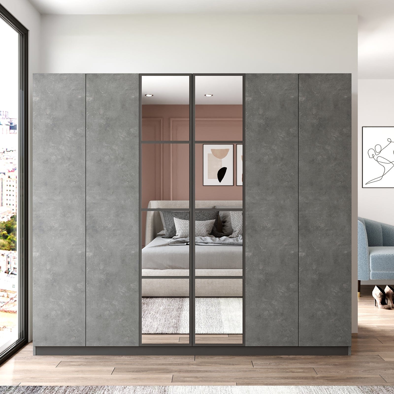 Armadio con 6 ante e specchio New Home Large HM3-RG Grigio (3)