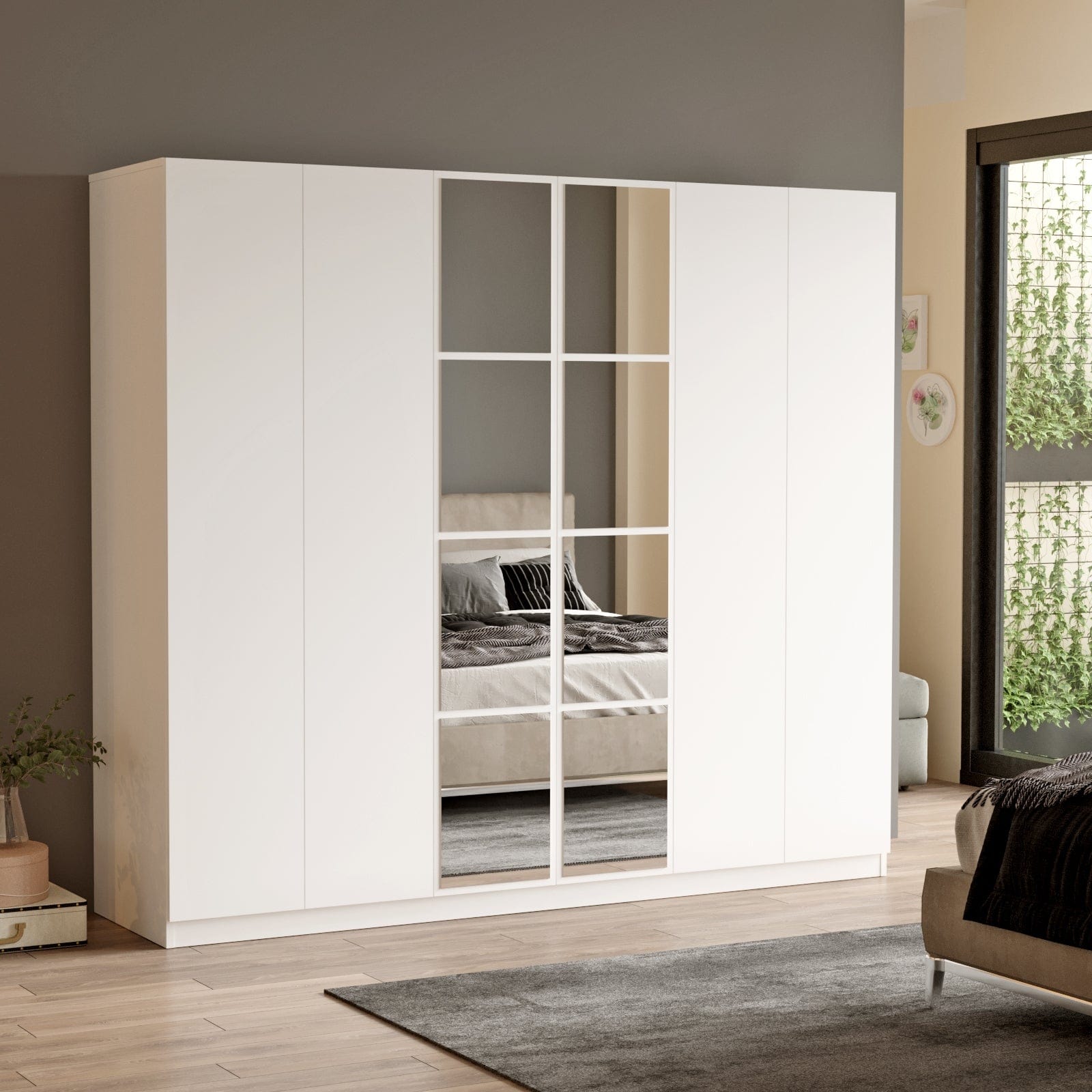 Armadio con 6 ante e specchio New Home Large HM3-W Bianco