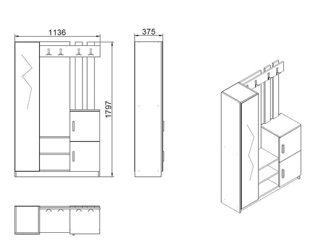 Armadio da ingresso con 3 ante e specchio Gibson Piccola DD7-AA Antracite (3)