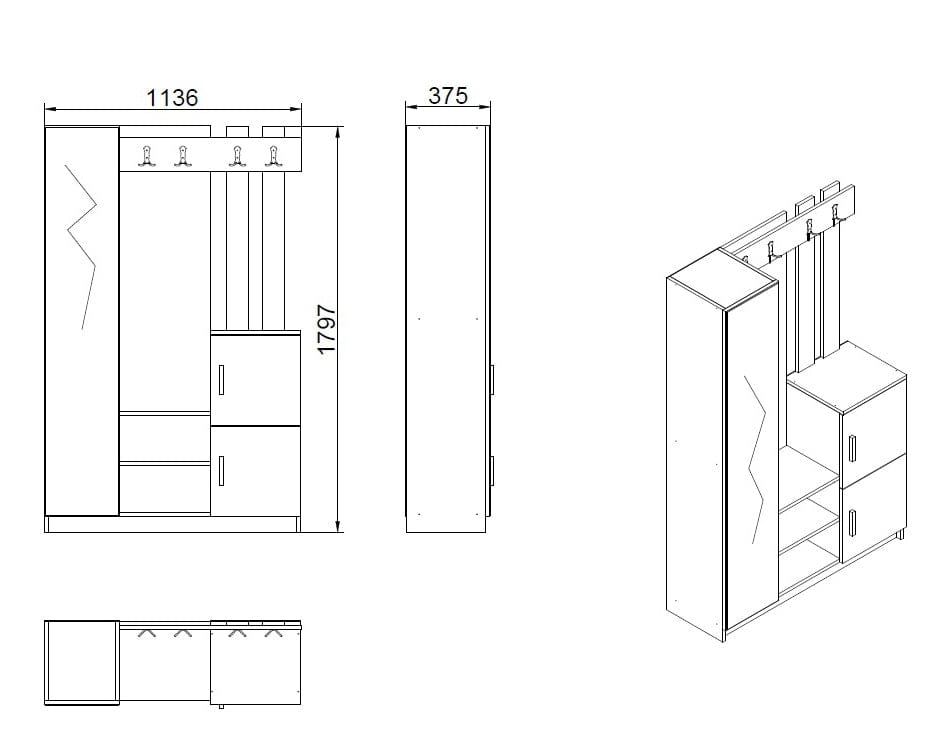 Armadio da ingresso con 3 ante e specchio Gibson Piccola DD7-AW Bianco (4)