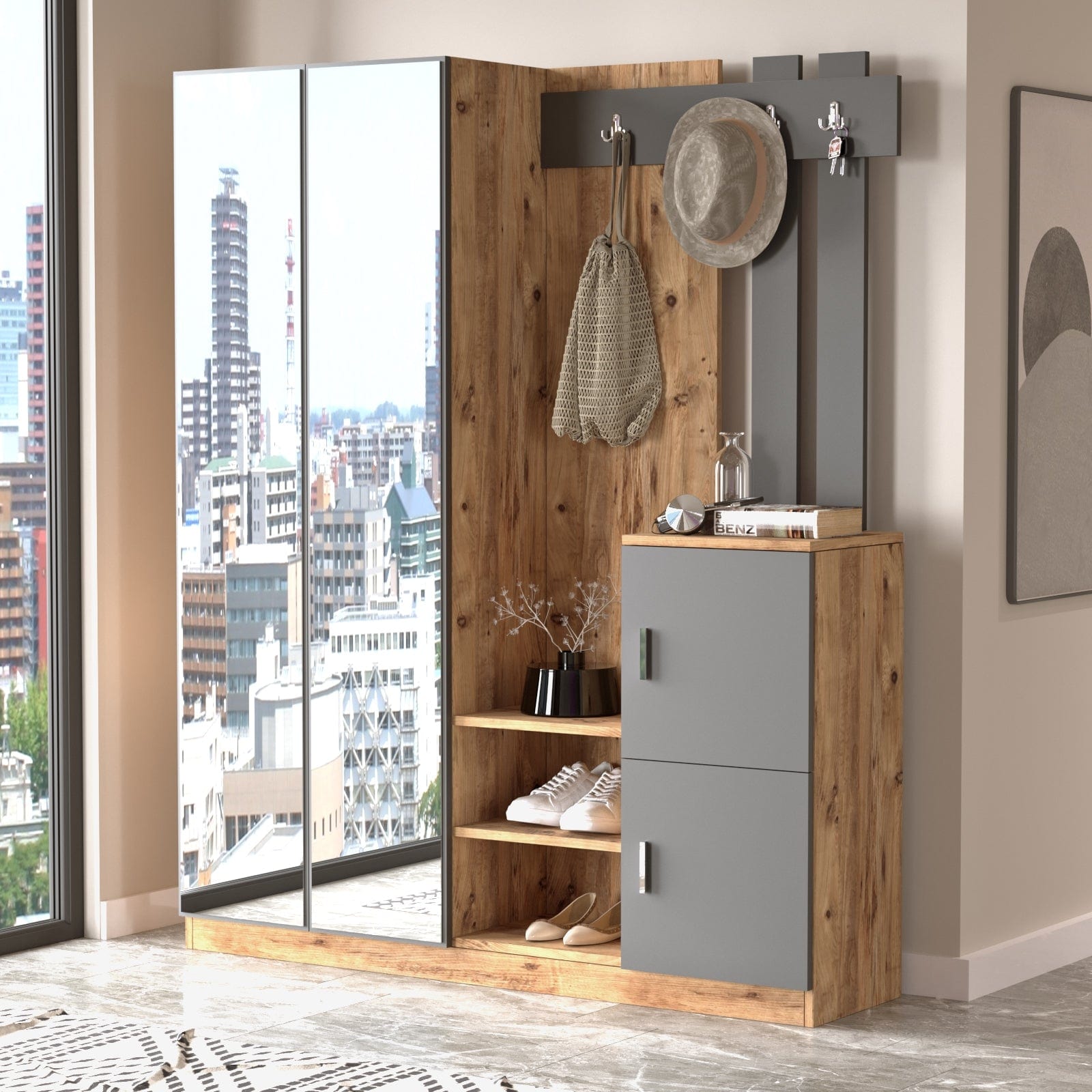 Armadio da ingresso con 4 ante e specchio Gibson Media DD8-AA Antracite (2)