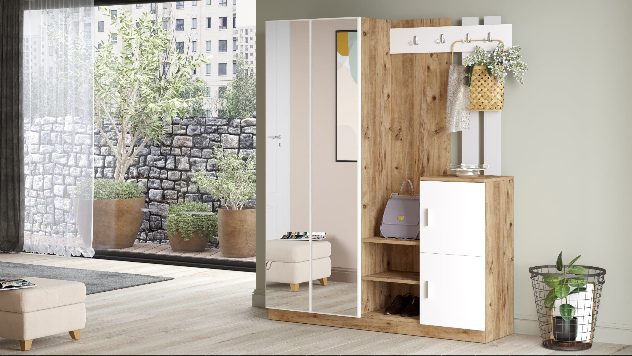 Armadio da ingresso con 4 ante e specchio Gibson Media DD8-AW Bianco (3)