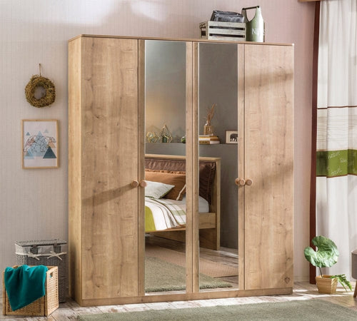 Cilek Armadio giovanile a 4 ante con specchio, Mocha Natur, largh. 183x largh. 56x h 210 cm.