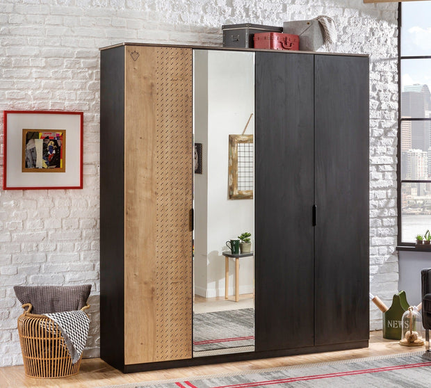 Cilek Armadio giovanile a 4 ante e specchio, Blacky Black / Nature, l182xL53xH210 cm