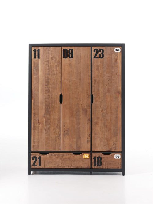 Vipack Armadio in legno di pino e MDF a 3 ante e 2 cassetti, per bambini Alex Natural / Black, l147,5xL55xH200 cm