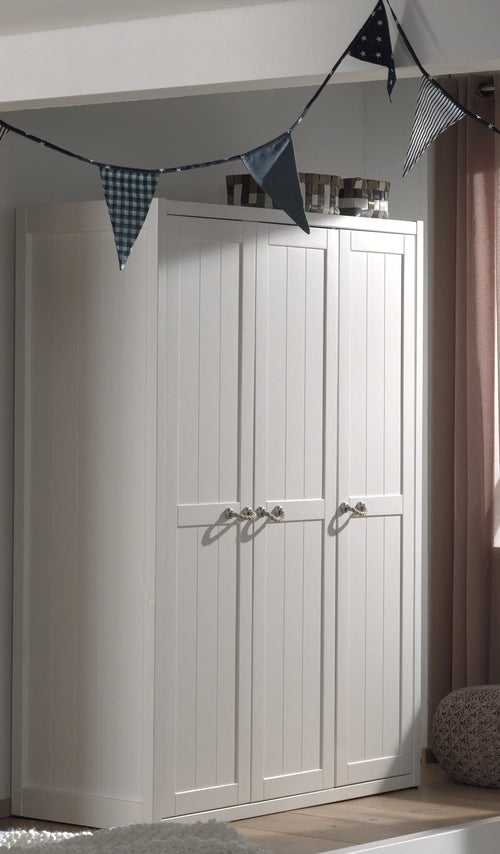 Vipack Armadio in legno di pino e MDF a 3 ante, per bambini Lewis Bianco, L145,5xL59xH200 cm