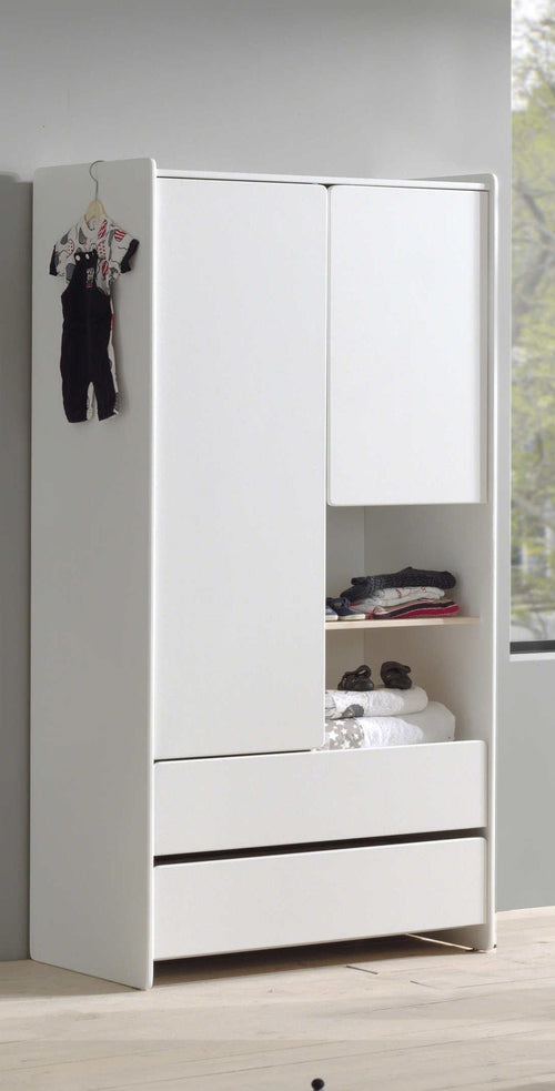 Vipack Armadio in legno di pino e MDF con 2 ante e 2 cassetti, per bambini Kiddy White, l90xL55xH180 cm