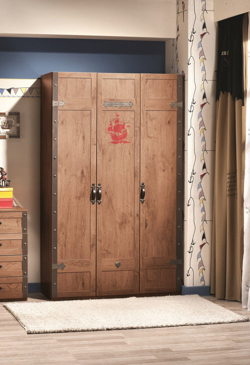 Armadio per bambini a 3 ante, marrone pirata, L122xL55xH203 cm