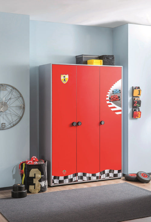 Cilek Armadio per bambini a 3 ante, Race Cup Rosso / Azzurro, L136xL55xH199 cm