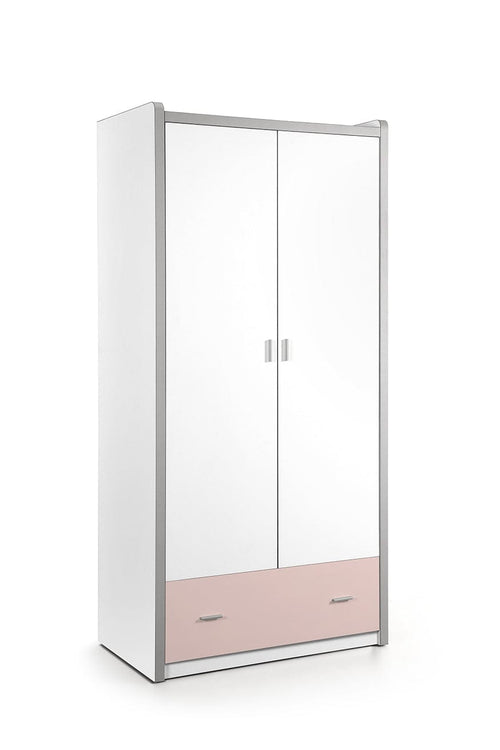 Vipack Armadio per bambini Bonny bianco/rosa in legno e metallo con 2 ante e 1 cassetto, l96,5xL60xH202 cm
