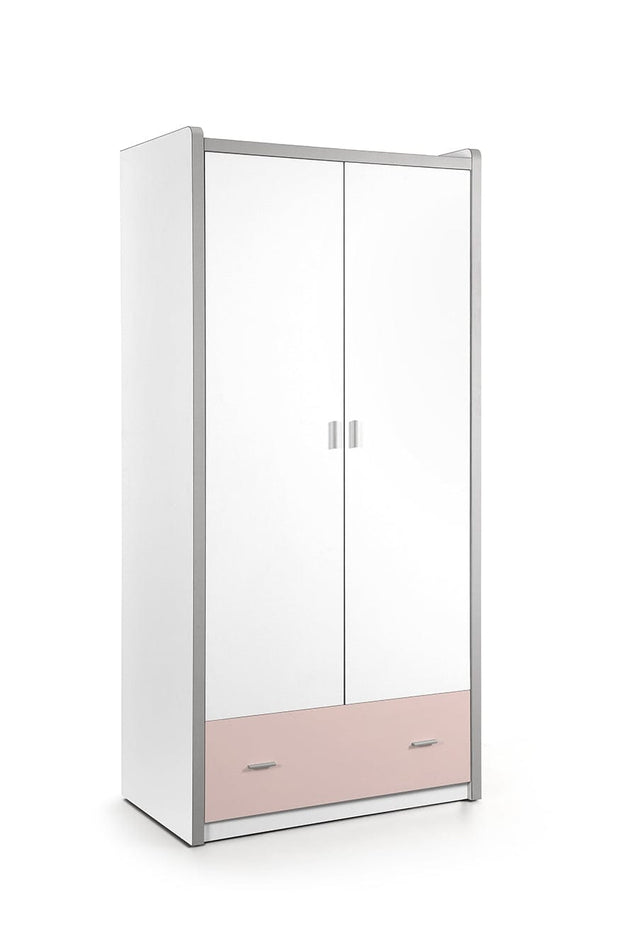 Vipack Armadio per bambini Bonny bianco/rosa in legno e metallo con 2 ante e 1 cassetto, l96,5xL60xH202 cm
