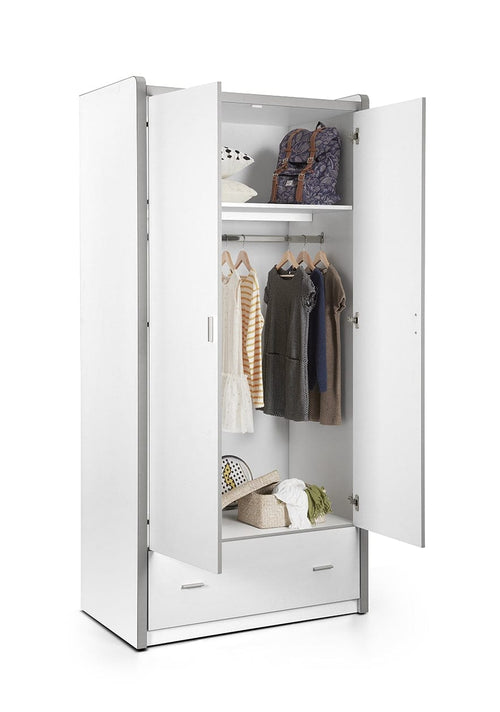 Vipack Armadio per bambini Bonny bianco/rosa in legno e metallo con 2 ante e 1 cassetto, l96,5xL60xH202 cm