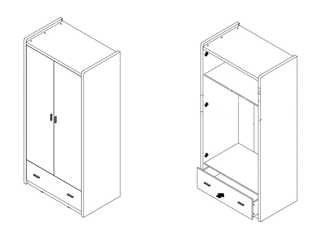 Vipack Armadio per bambini Bonny bianco/rosa in legno e metallo con 2 ante e 1 cassetto, l96,5xL60xH202 cm