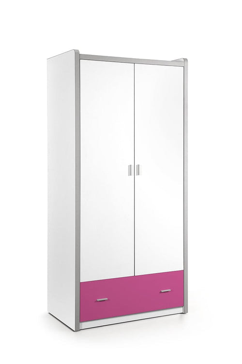 Vipack Armadio per bambini Bonny, in legno e metallo con 2 ante e 1 cassetto, bianco/fucsia, l96,5xl60xh202 cm