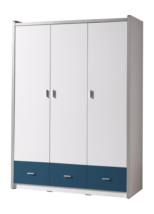 Vipack Armadio per bambini Bonny in legno e metallo con 3 ante e 3 cassetti, bianco/blu, l140,5xL59xH202 cm