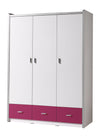 Vipack Armadio per bambini Bonny in legno e metallo con 3 ante e 3 cassetti, Bianco / Fucsia, L140,5xL59xH202 cm