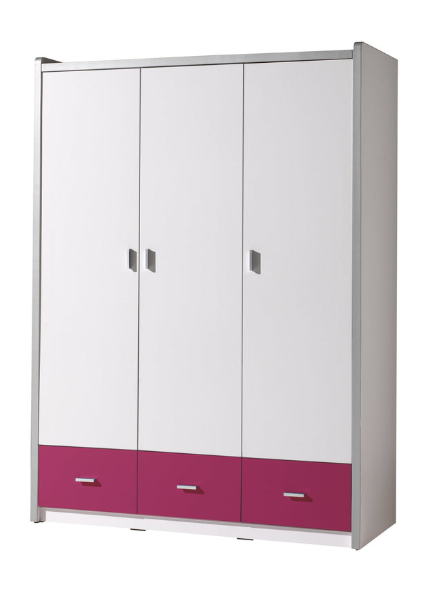 Vipack Armadio per bambini Bonny in legno e metallo con 3 ante e 3 cassetti, Bianco / Fucsia, L140,5xL59xH202 cm