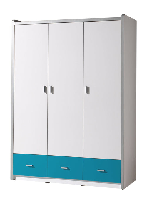 Vipack Armadio per bambini Bonny in legno e metallo con 3 ante e 3 cassetti, bianco / turchese, largh. 140,5xl. 59xh. 202 cm.