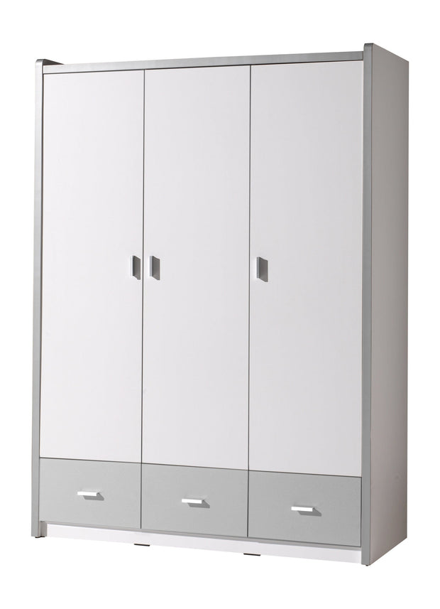 Vipack Bonny Bianco / Grigio, 3 ante e 3 cassetti, armadio per bambini, largh. 140,5xL59xH202 cm