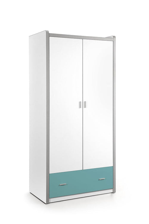 Vipack Bonny White / Turchese, 2 ante e 1 cassetto, armadio per bambini in metallo e legno chiaro, l96,5xL60xH202 cm