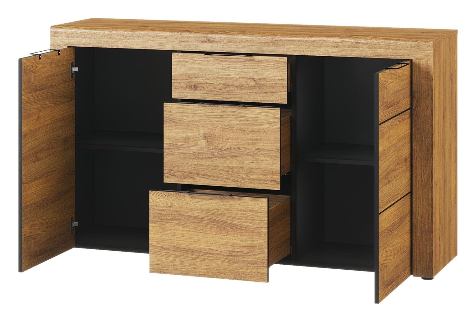 Szynaka Cassettiera a 3 cassetti e 2 ante Kama 45 Rovere / Nero, L151xL40xH86 cm