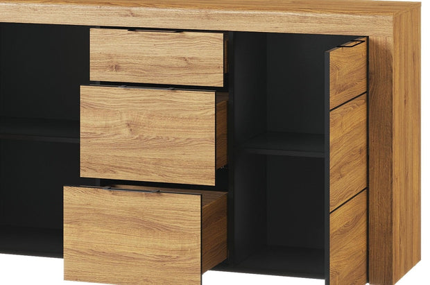 Szynaka Cassettiera a 3 cassetti e 2 ante Kama 45 Rovere / Nero, L151xL40xH86 cm