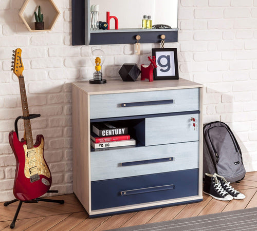 Cilek Cassettiera giovanile con 4 cassetti per ragazzi 12-24 anni, Trio Natur / Blu, l80xL46xH83 cm