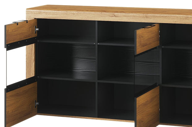 Szynaka Cassettiera in legno con vetrina e 3 ante Kama 47 Oak / Black, l170xL40xH86 cm