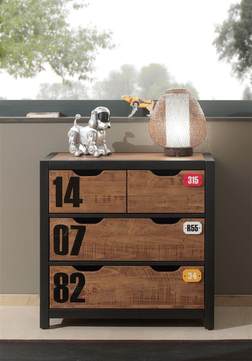 Vipack Cassettiera in legno di pino e MDF con 3 cassetti, per bambini Alex Natural / Black, l86xL42xH83 cm