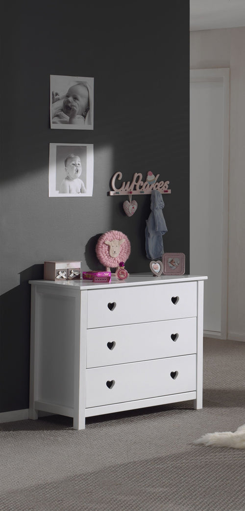 Vipack Cassettiera in legno di pino e MDF con 3 cassetti, per bambini Amori White, L90xL50xH85,1 cm
