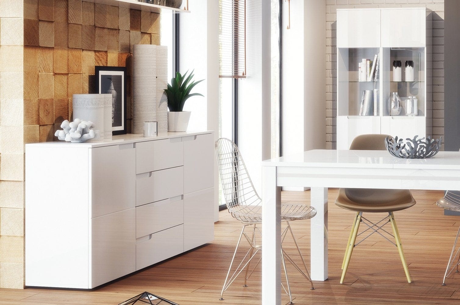 Szynaka Cassettiera in MDF, con 4 cassetti e 2 ante Gabrielle 8 Bianco, l165xL40xH80 cm
