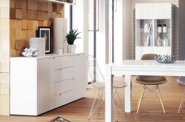 Szynaka Cassettiera in MDF, con 4 cassetti e 2 ante Gabrielle 8 Bianco, l165xL40xH80 cm
