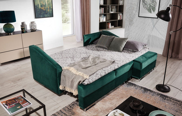 Stagra Coltar Bucs Extensibil cu Arcuri Ondulate si Spuma Poliuretanica, Sezlong pe Dreapta, Suprafata de Dormit 202x140 cm, cu Lada de Depozitare, Perne Incluse, l225xA160xH75 cm