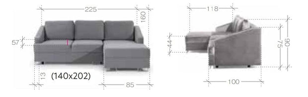 Stagra Coltar Bucs Extensibil cu Arcuri Ondulate si Spuma Poliuretanica, Sezlong pe Dreapta, Suprafata de Dormit 202x140 cm, cu Lada de Depozitare, Perne Incluse, l225xA160xH75 cm