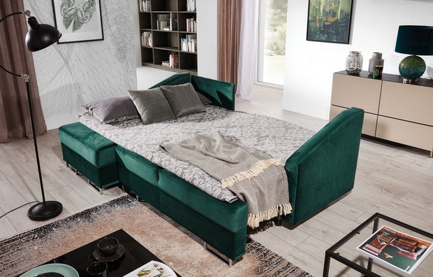 Stagra Coltar Bucs Extensibil cu Arcuri Ondulate si Spuma Poliuretanica, Sezlong pe Stanga, Suprafata de Dormit 202x140 cm, cu Lada de Depozitare, Perne Incluse, l225xA160xH75 cm
