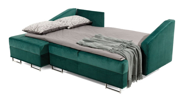 Stagra Coltar Bucs Extensibil cu Arcuri Ondulate si Spuma Poliuretanica, Sezlong pe Stanga, Suprafata de Dormit 202x140 cm, cu Lada de Depozitare, Perne Incluse, l225xA160xH75 cm