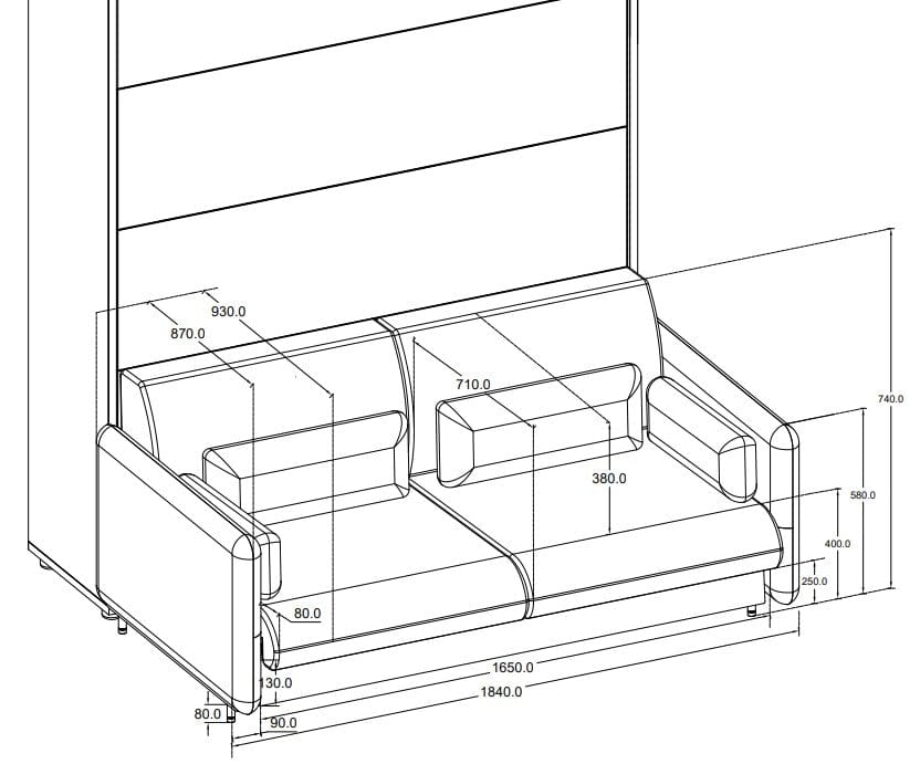 Lenart Divano 3 posti in tessuto BC19 Blu, per Letto a Scomparsa Bed Concept Verticale, 160 x 200 cm