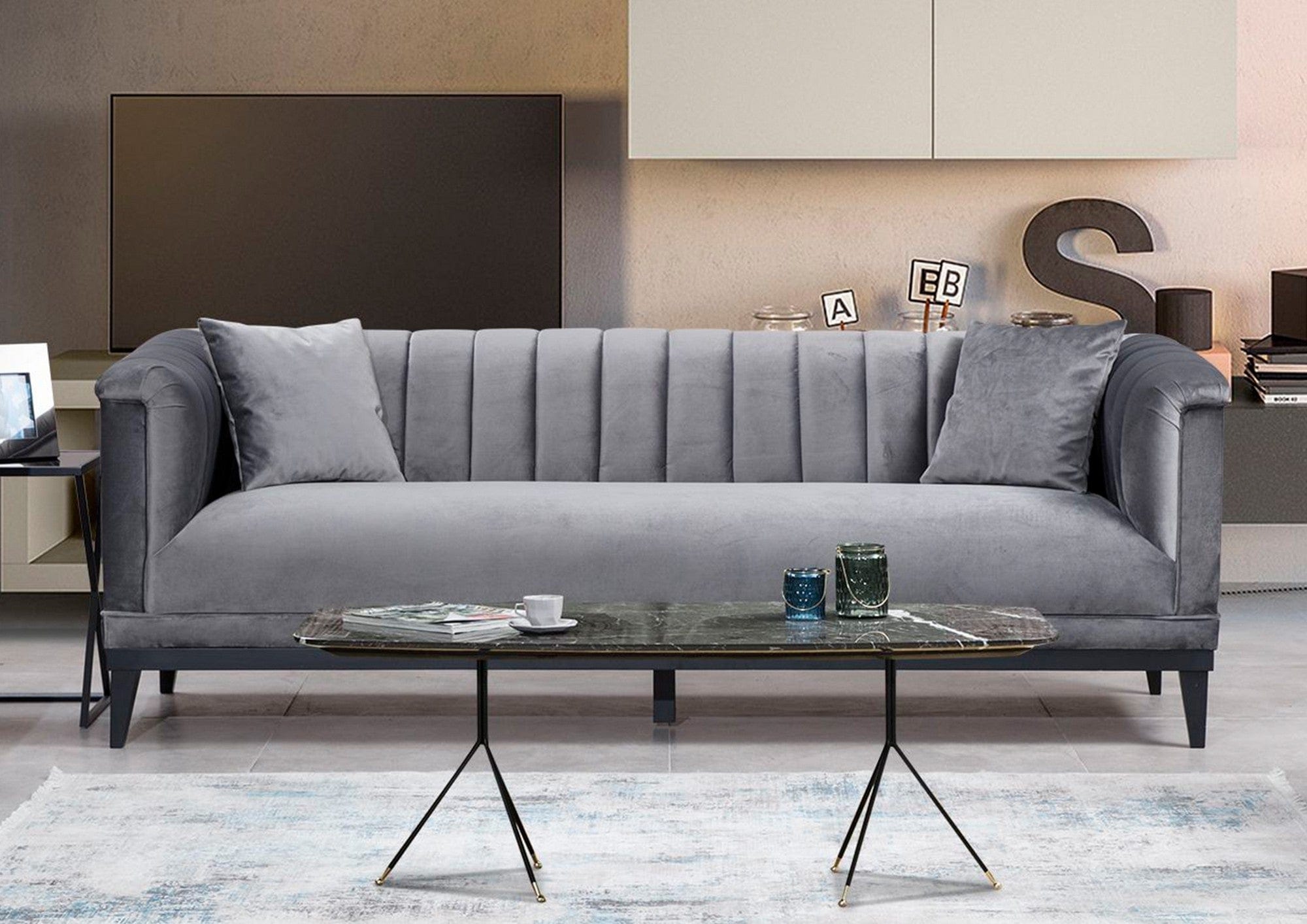 Asir Divano 3 posti in velluto Trendy Grigio