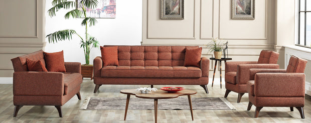 Serhat Divano allungabile con contenitore, rivestito in tessuto 3 posti Los Angeles Caramiziu K1, l220xL84xH86 cm