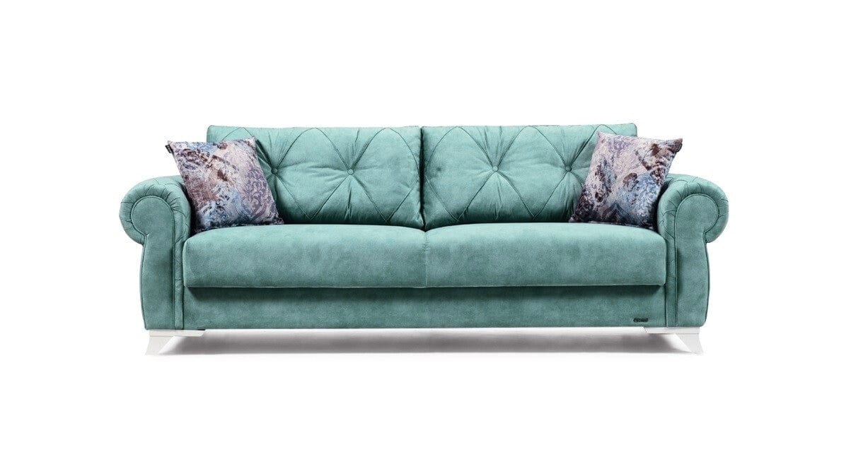 Serhat Divano allungabile con contenitore, rivestito in tessuto 3 posti Mito Turquoise K2, L242xL96xH85 cm