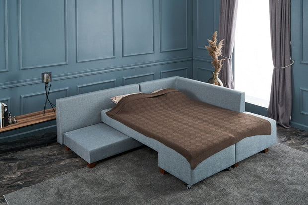 Asir Divano Angolare Letto a destro 3 posti in tessuto Manama Blu