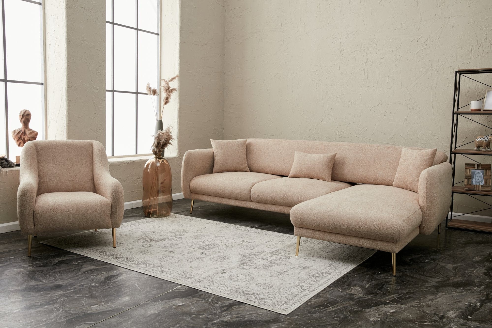 Asir Divano Angolare Letto a destro 3 posti in tessuto Simena Beige