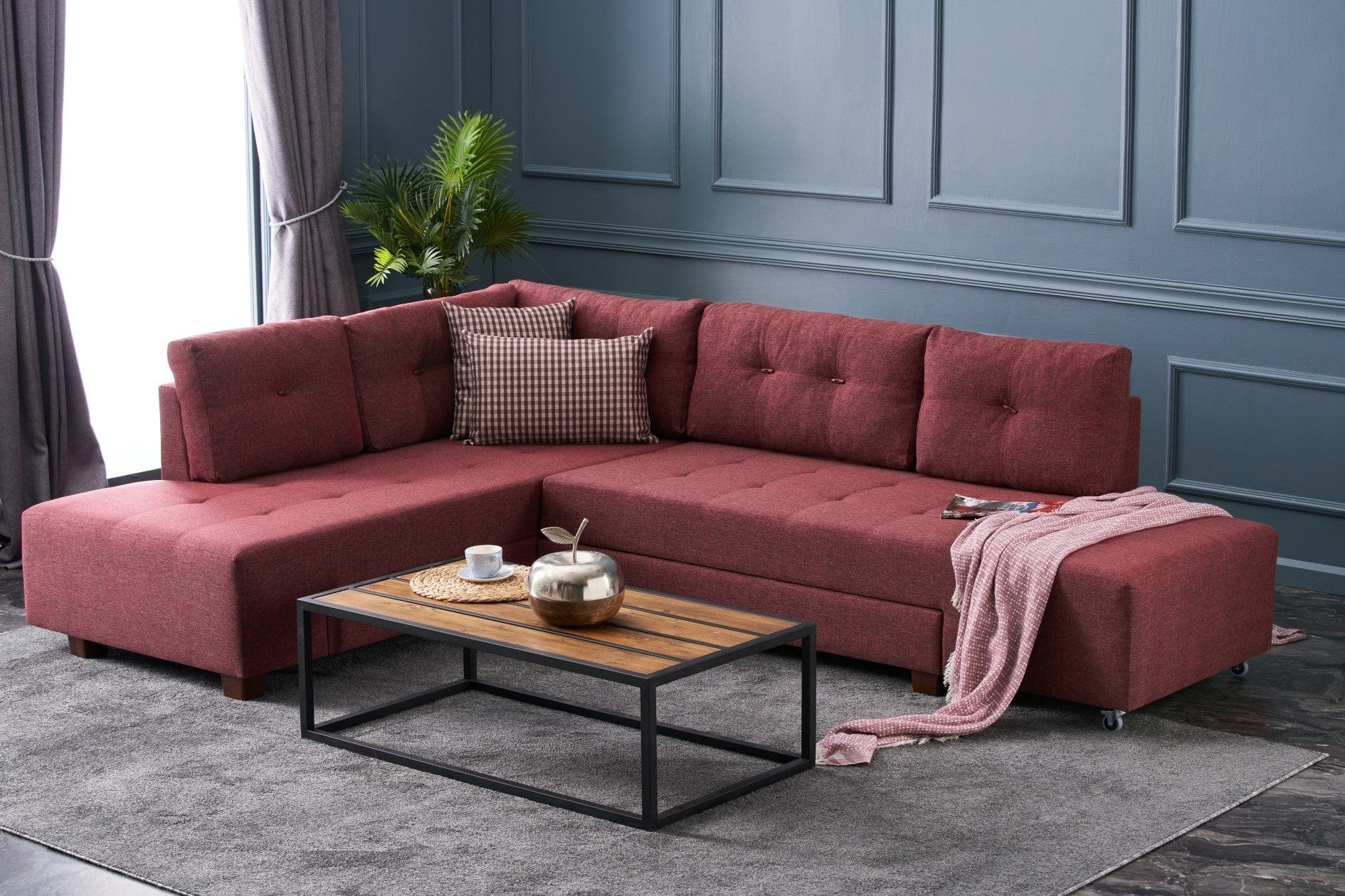 Asir Divano Angolare Letto a sinistro 3 posti in tessuto Manama Bordeaux