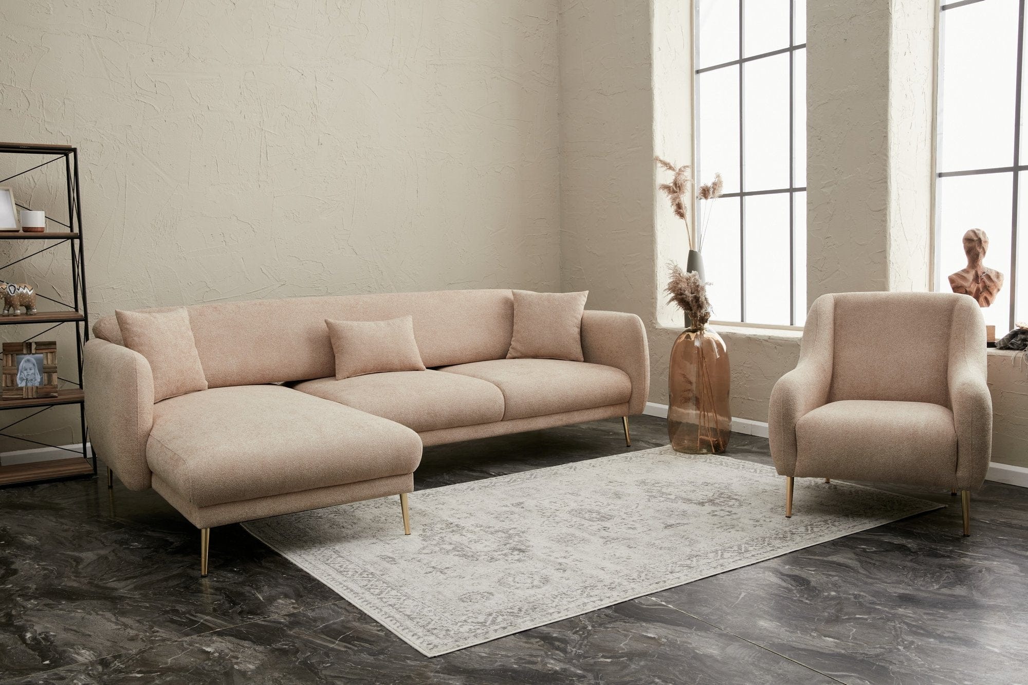 Asir Divano Angolare Letto a sinistro 3 posti in tessuto Simena Beige